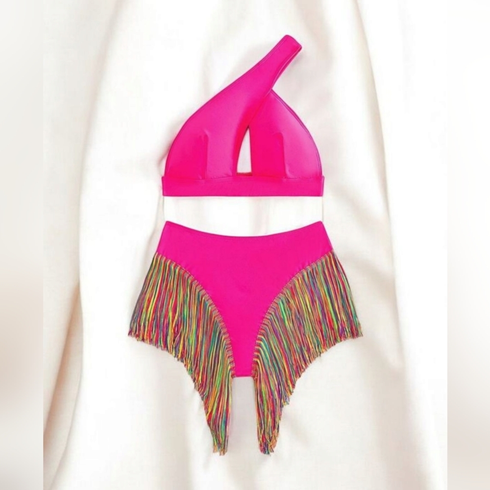 ♡Pink Rainbow Tassel Highwaist 2 Peice Bakini Bathing Suit XL 1 Shoulder Strap♡